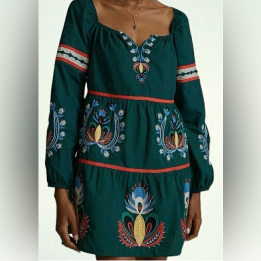 Anthropologie | Long Sleeve Letmebe Forest Green Embroidered Mini Dress or Tunic